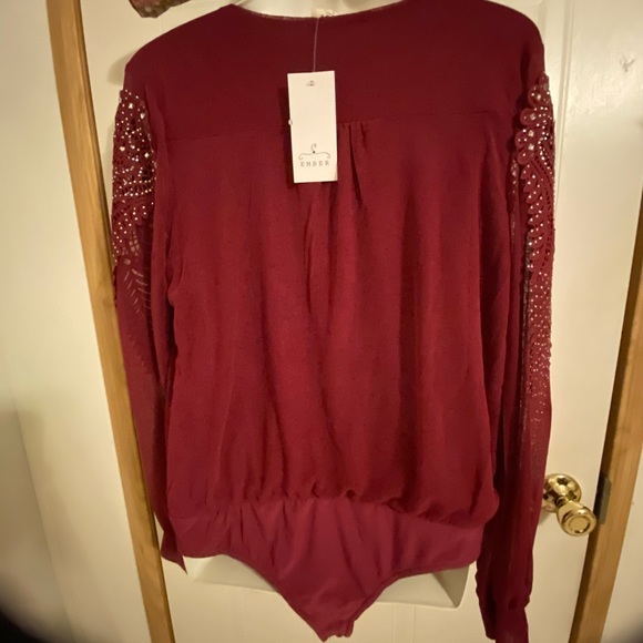 Ember Sz L Burgundy Bodysuit W/Elaborate Embroidery NWT😊😊 - Picture 2 of 15